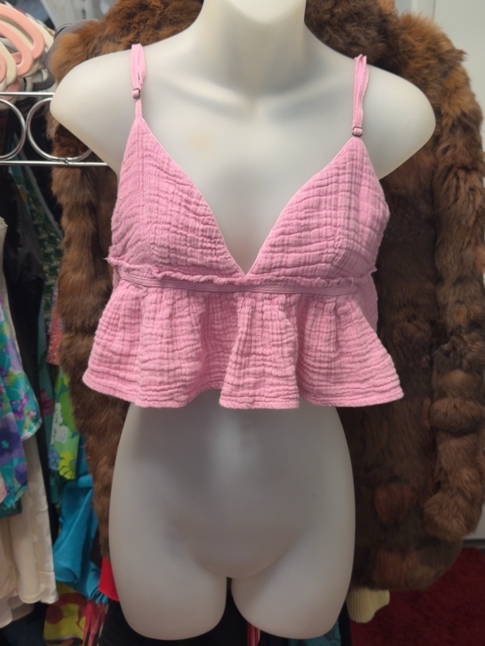 NWT Free People Pink Gauze Ruffle Crop Tank Top